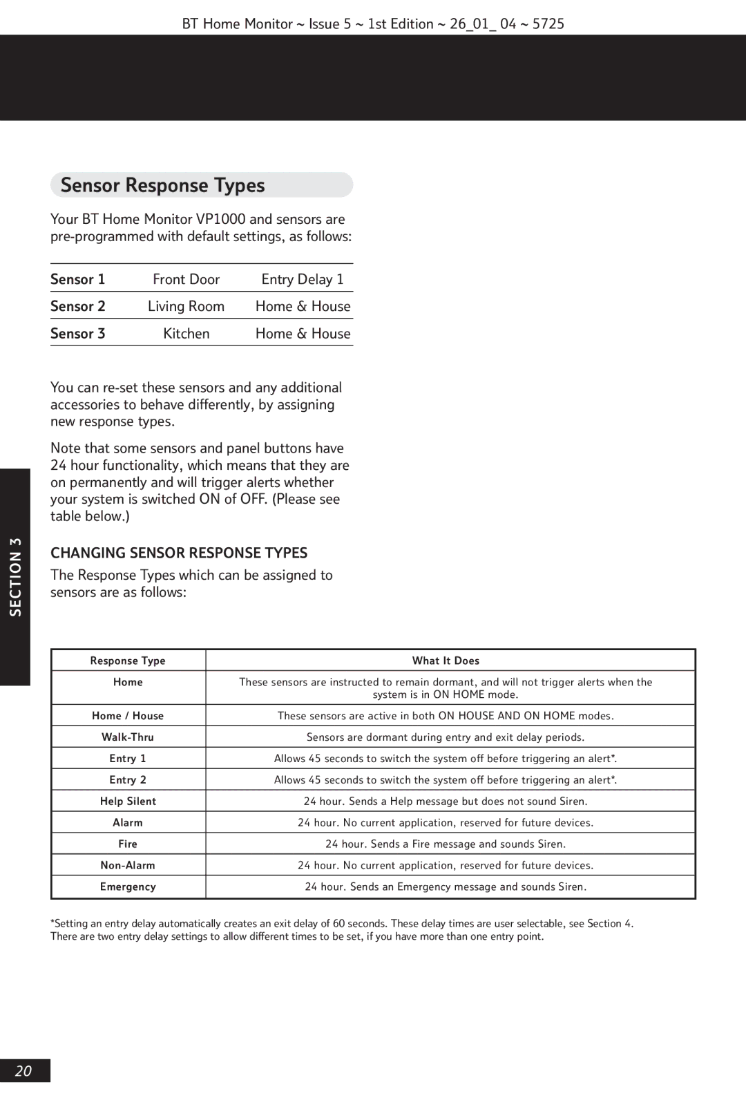 BT VP1000 manual Changing Sensor Response Types 