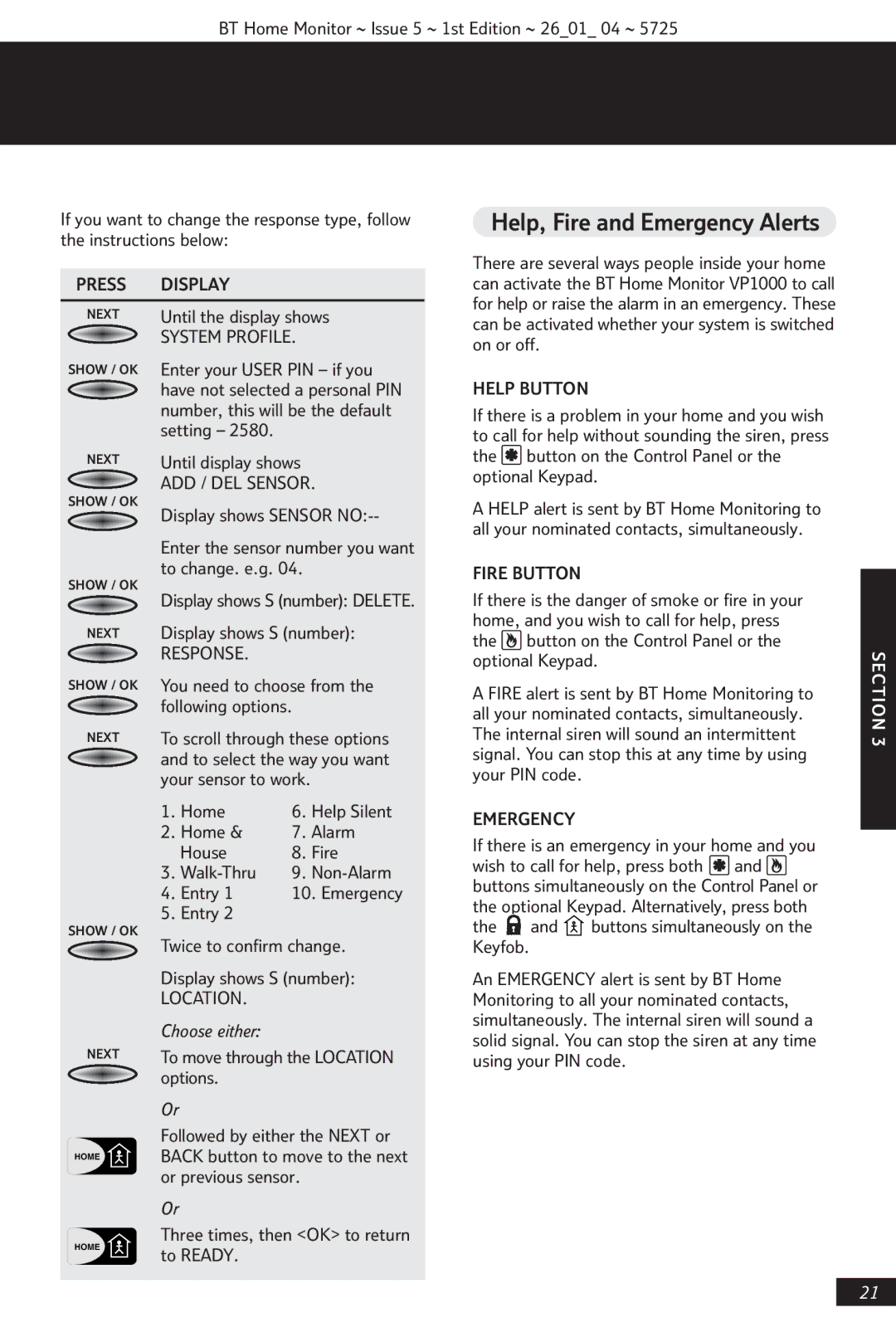 BT VP1000 manual Help, Fire and Emergency Alerts 