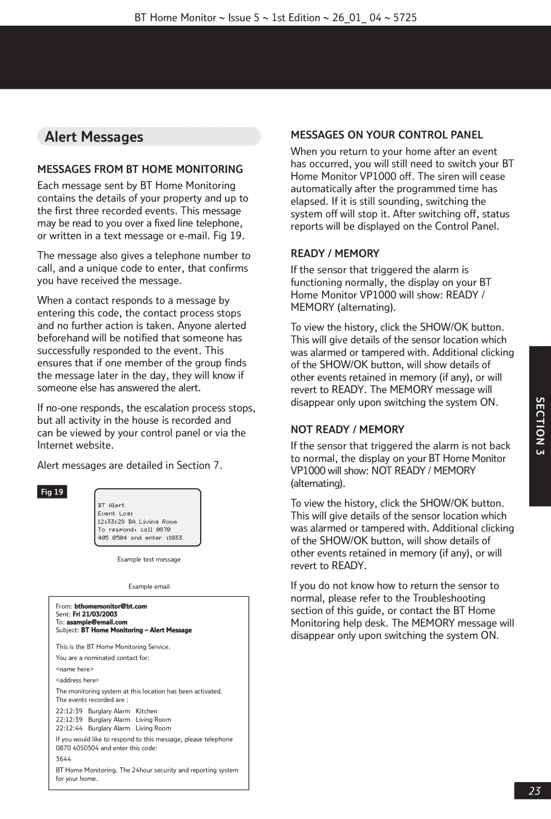 BT VP1000 manual Alert Messages, Messages from BT Home Monitoring, Messages on Your Control Panel, Ready / Memory 