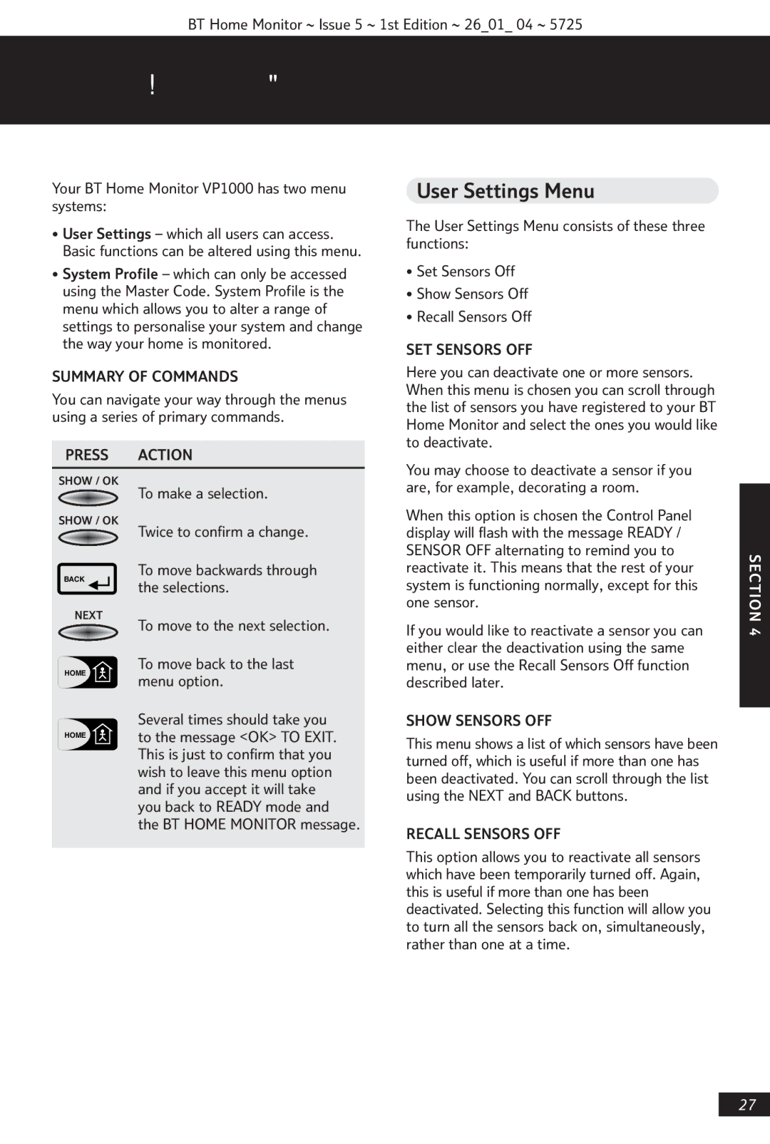 BT VP1000 manual Panel Functions, User Settings Menu 