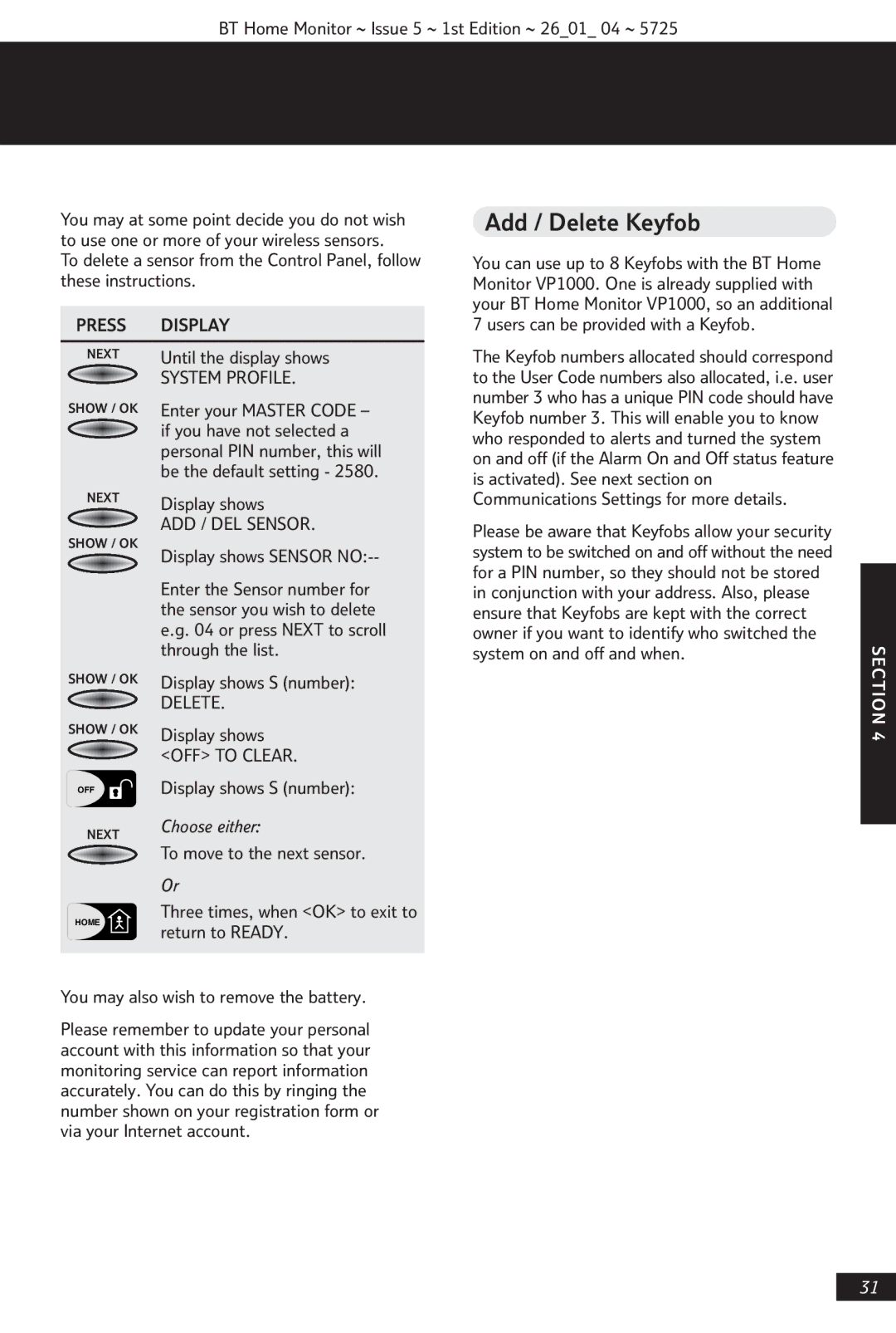 BT VP1000 manual Add / Delete Keyfob 