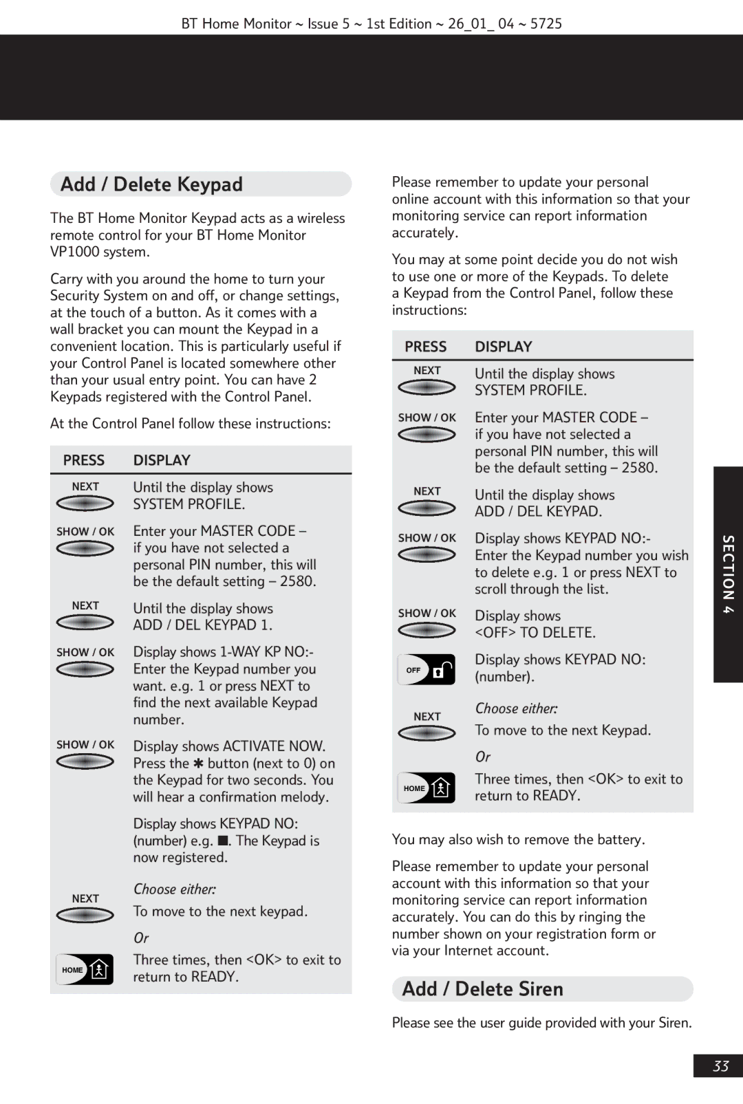 BT VP1000 manual Add / Delete Keypad, Add / Delete Siren, ADD / DEL Keypad 