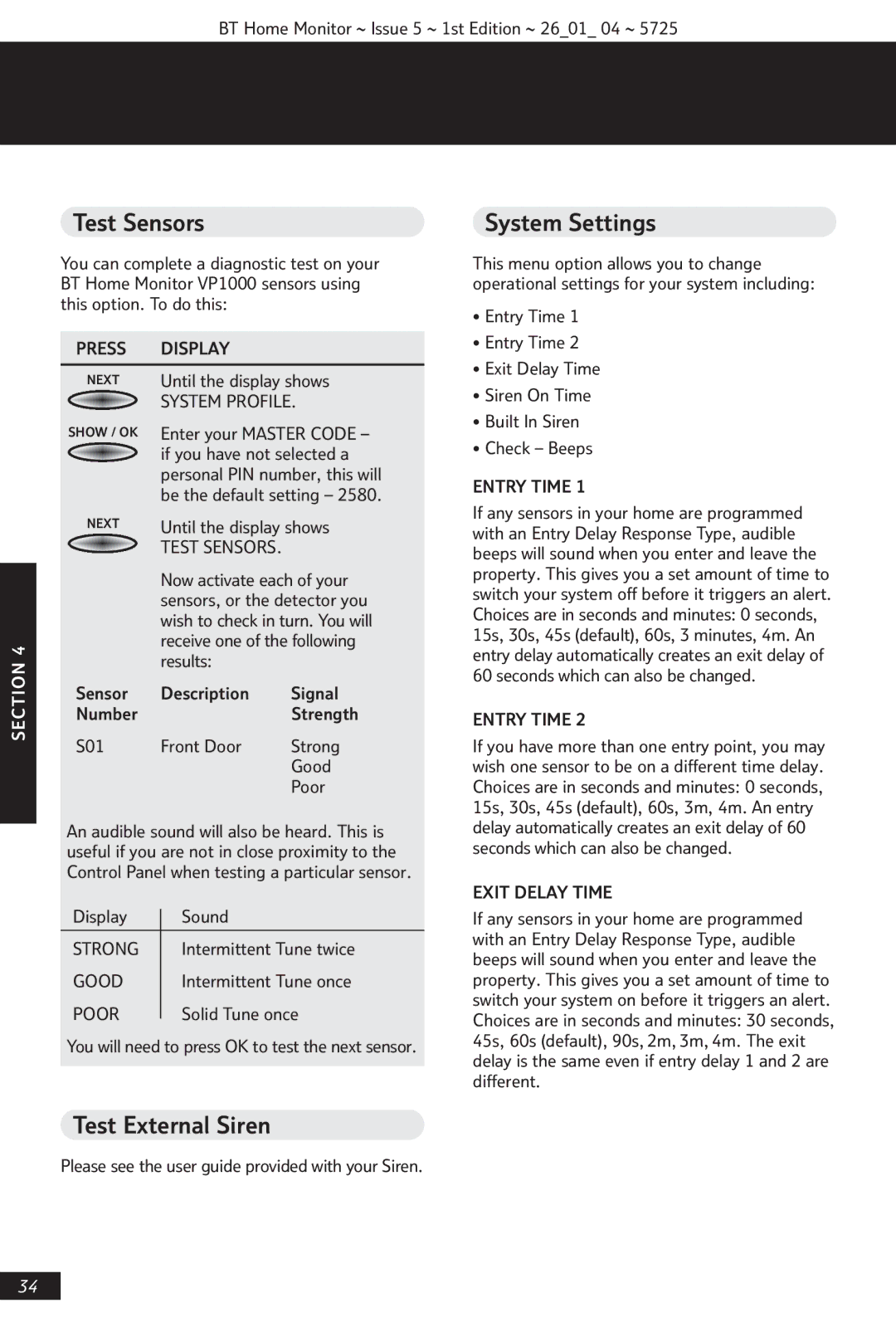 BT VP1000 manual Test Sensors, Test External Siren, System Settings, Entry Time, Exit Delay Time 