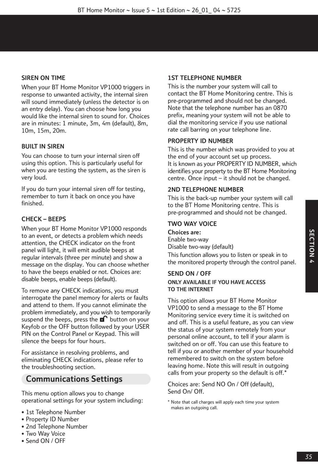 BT VP1000 manual Communications Settings 