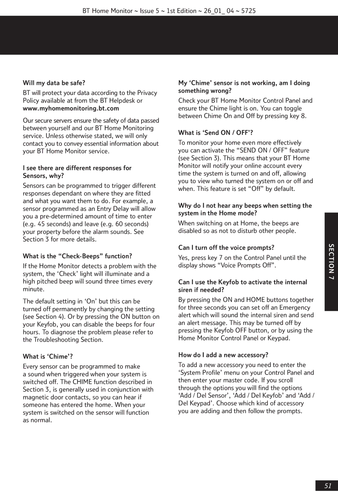 BT VP1000 manual See there are different responses for Sensors, why?, What is ‘Chime’?, What is ‘Send on / OFF’? 