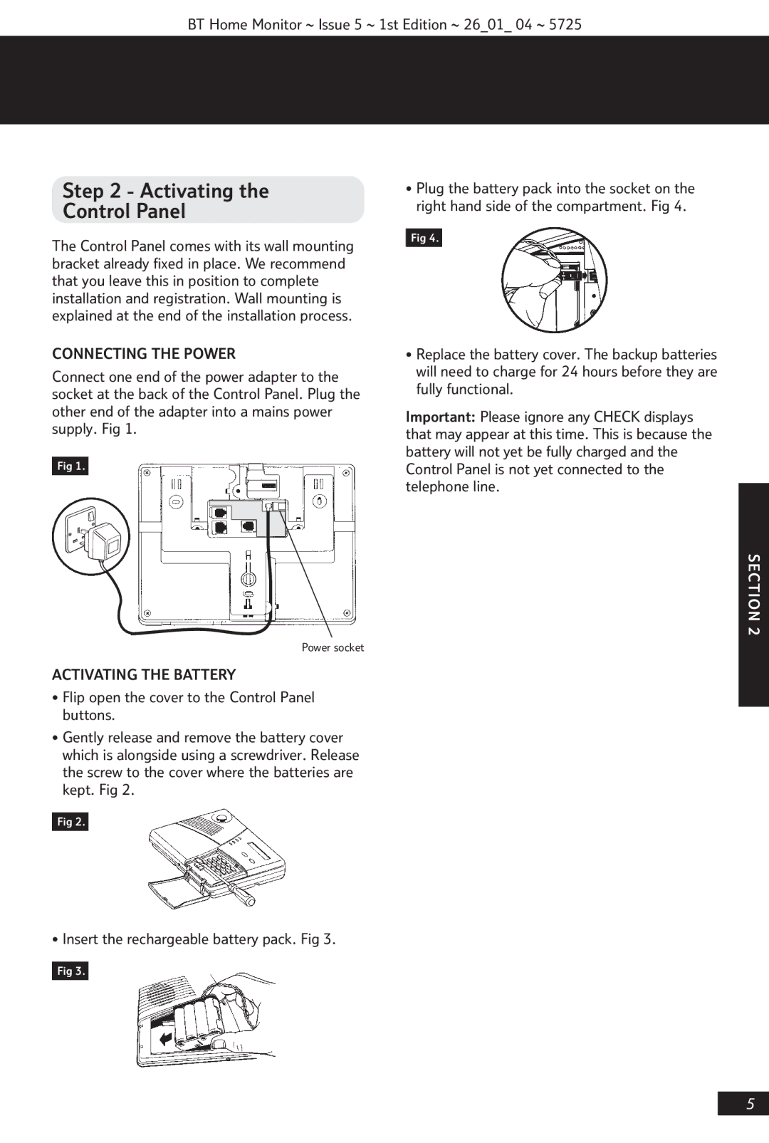 BT VP1000 manual Activating Control Panel, Connecting the Power, Activating the Battery 