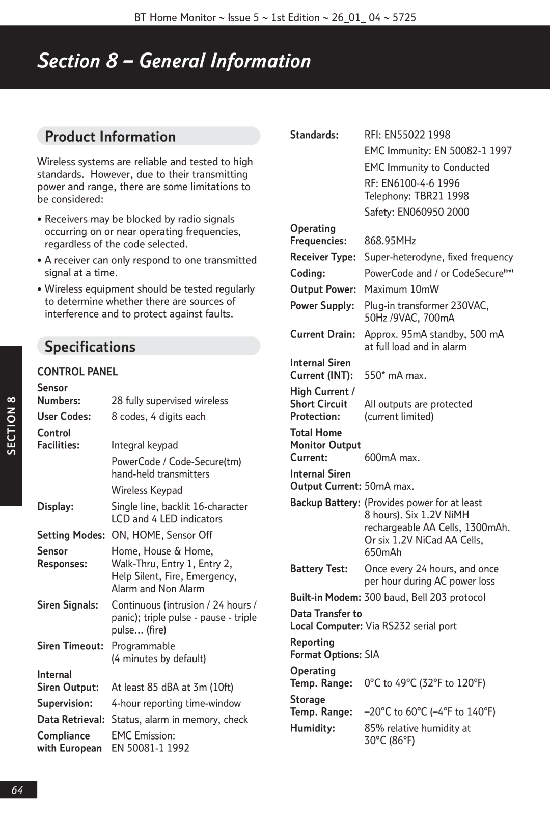 BT VP1000 manual General Information, Product Information, Specifications, Control Panel 