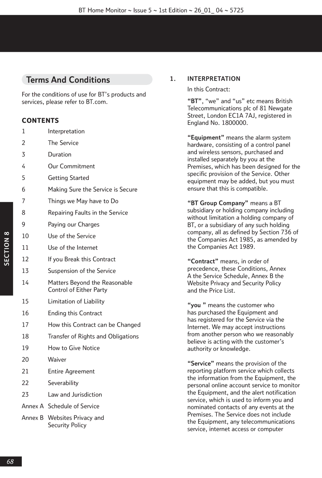 BT VP1000 manual Terms And Conditions, Contents 