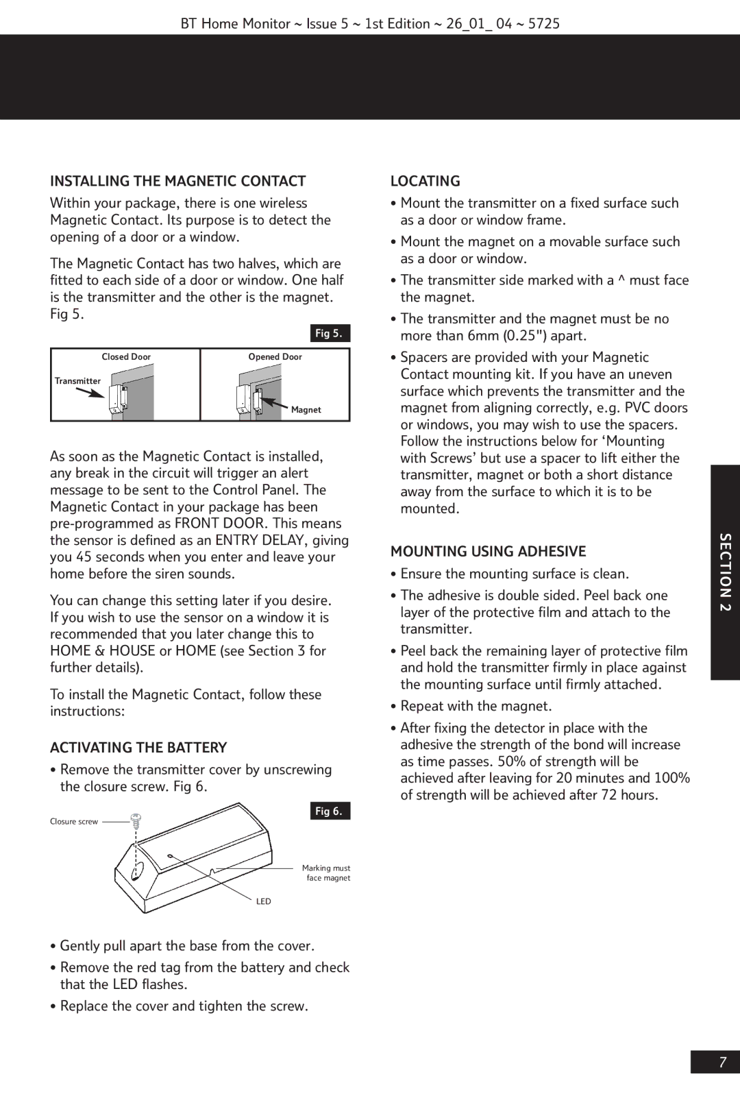 BT VP1000 manual Installing the Magnetic Contact, To install the Magnetic Contact, follow these instructions, Locating 