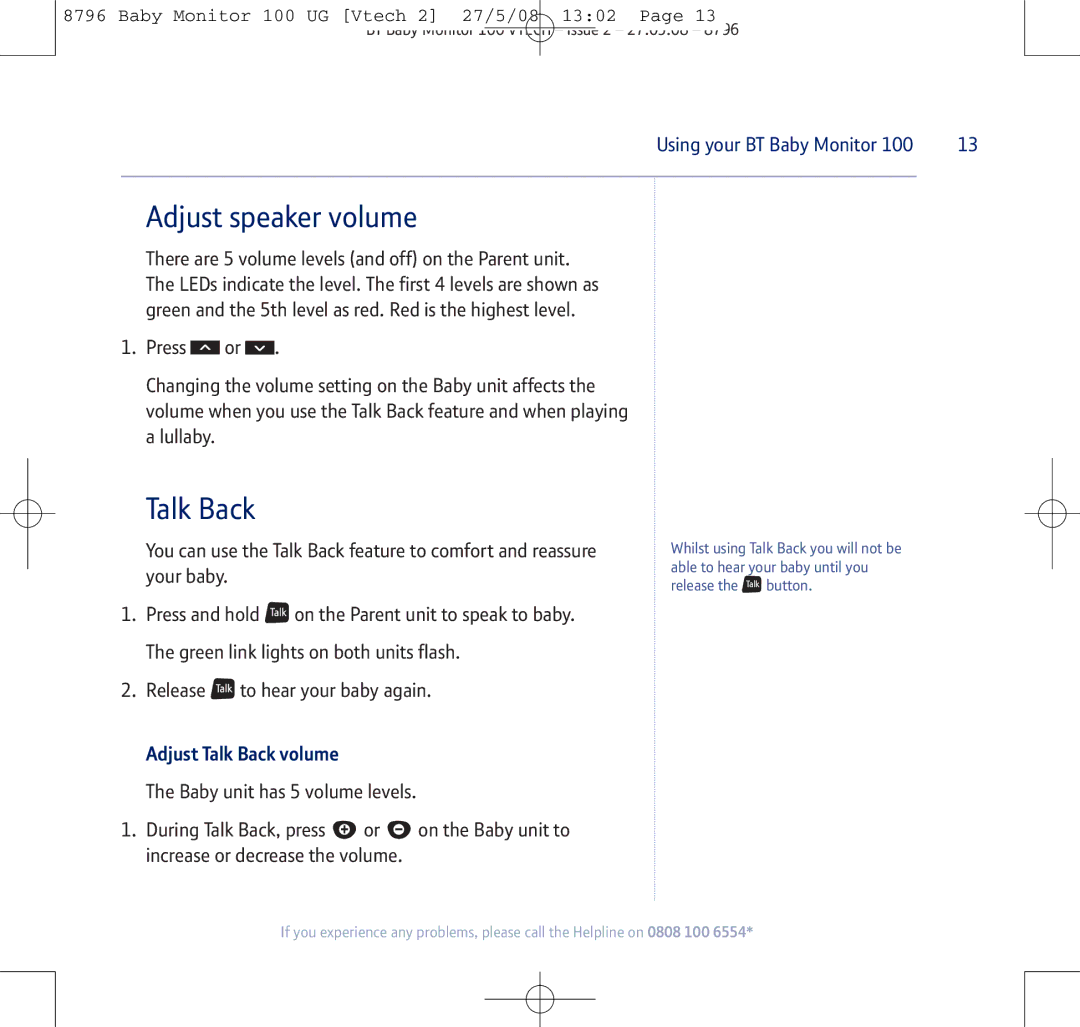 BT VTECH manual Adjust speaker volume, Adjust Talk Back volume 