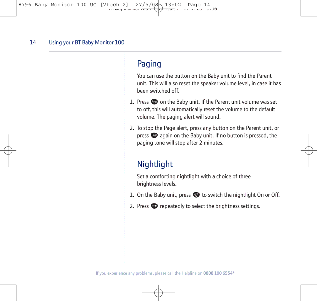 BT VTECH manual Paging, Nightlight 