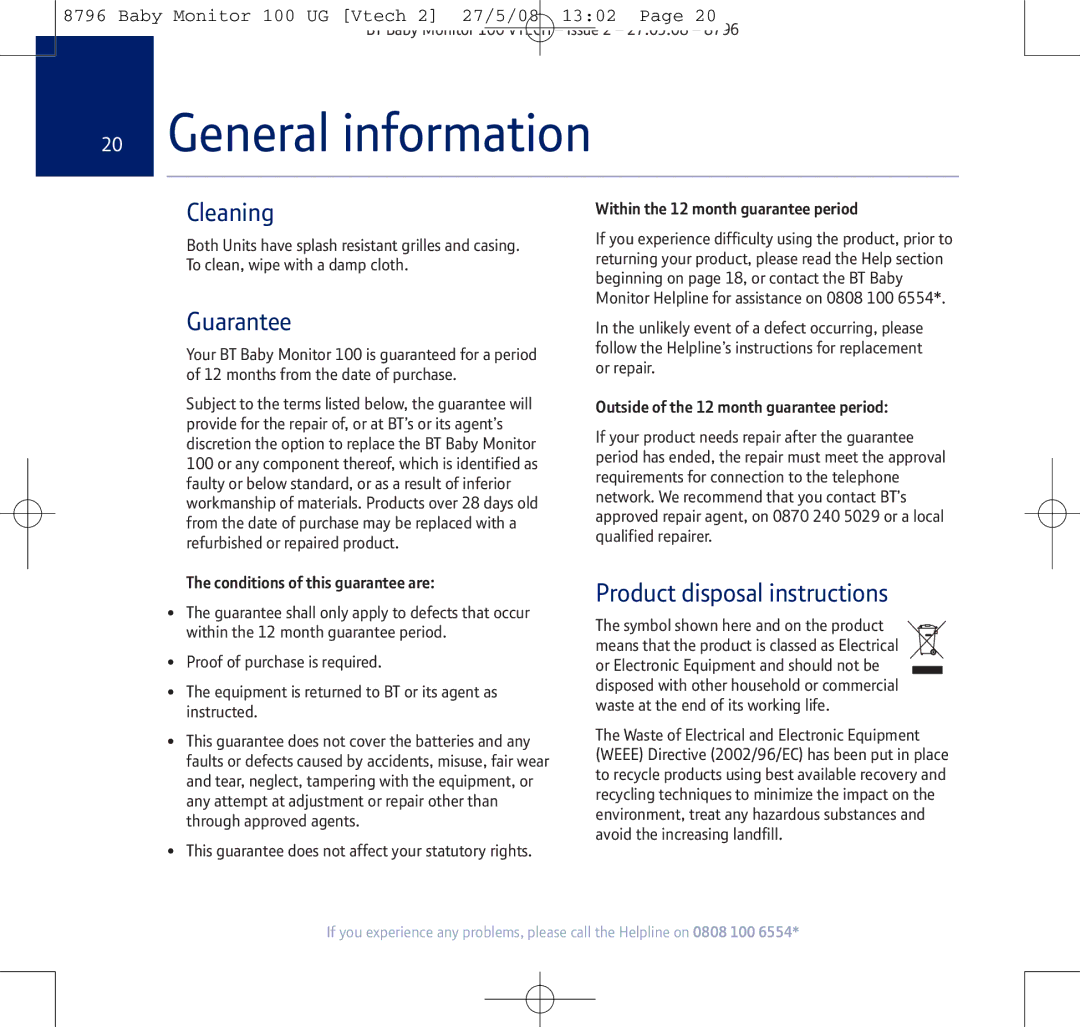 BT VTECH manual General information, Guarantee 