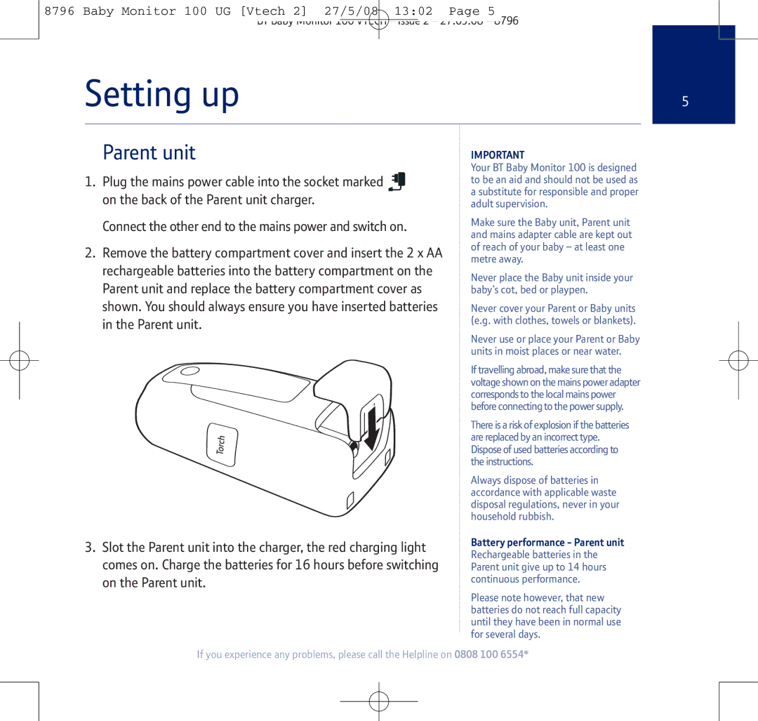 BT VTECH manual Setting up, Parent unit 