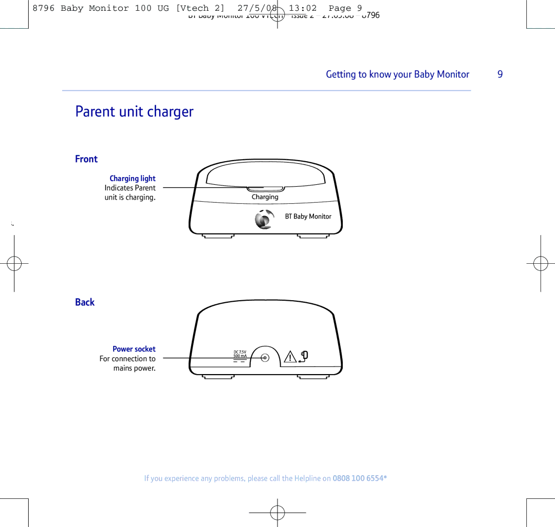 BT VTECH manual Parent unit charger, Front, Back, Power socket For connection to mains power 