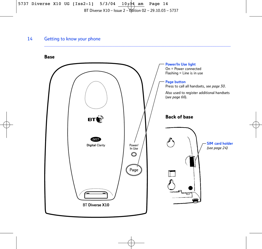 BT X10 manual Base, Back of base 