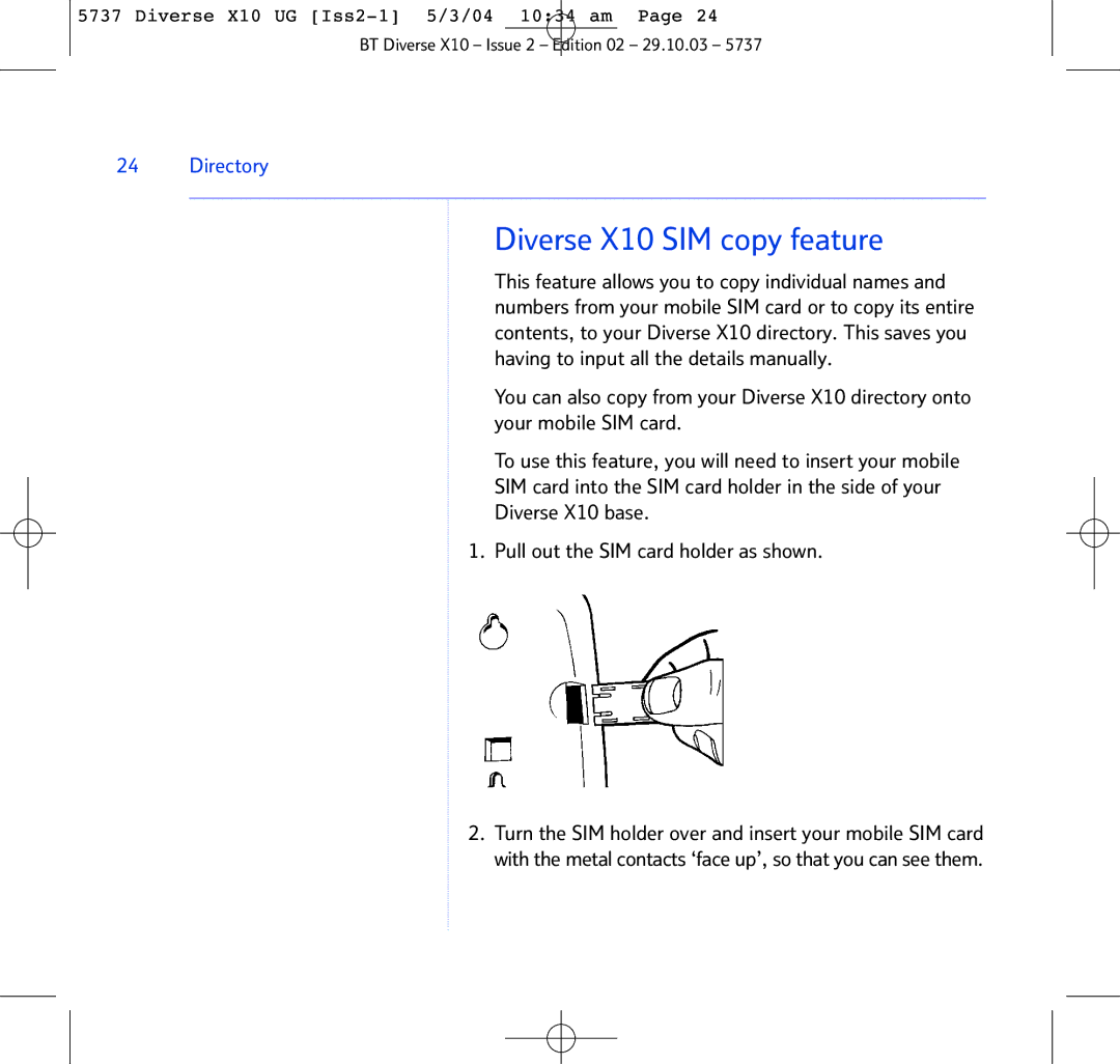 BT manual Diverse X10 SIM copy feature 