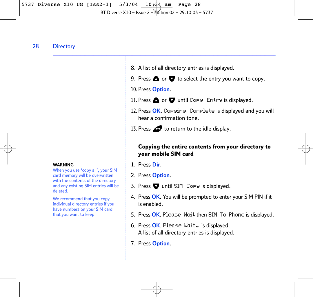 BT X10 manual Directory 