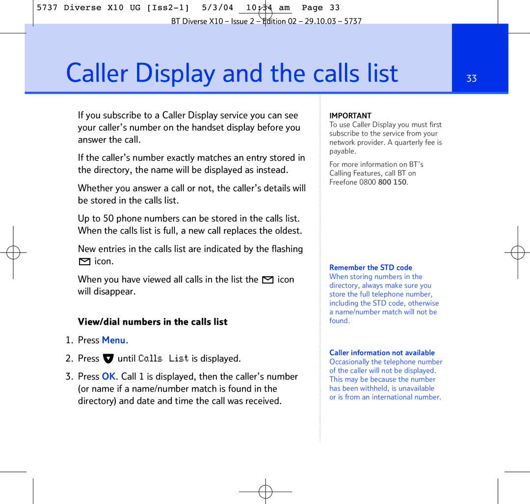 BT X10 manual Caller Display and the calls list 