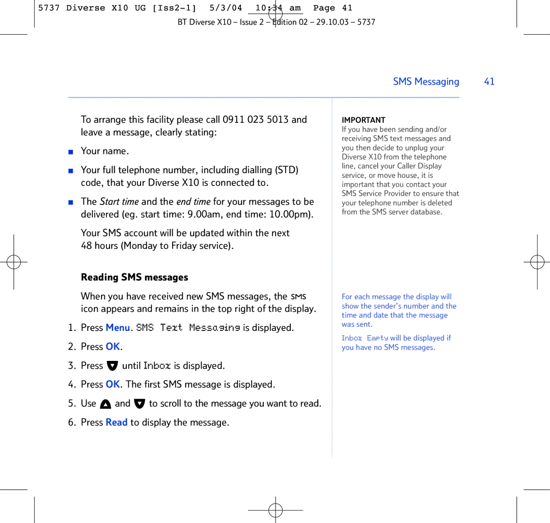 BT manual Your name, Your full telephone number, including dialling STD, Code, that your Diverse X10 is connected to 