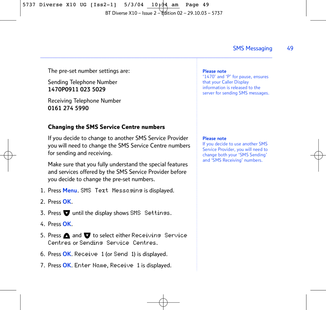 BT X10 manual Pre-set number settings are, Sending Telephone Number, 1470P0911 023 