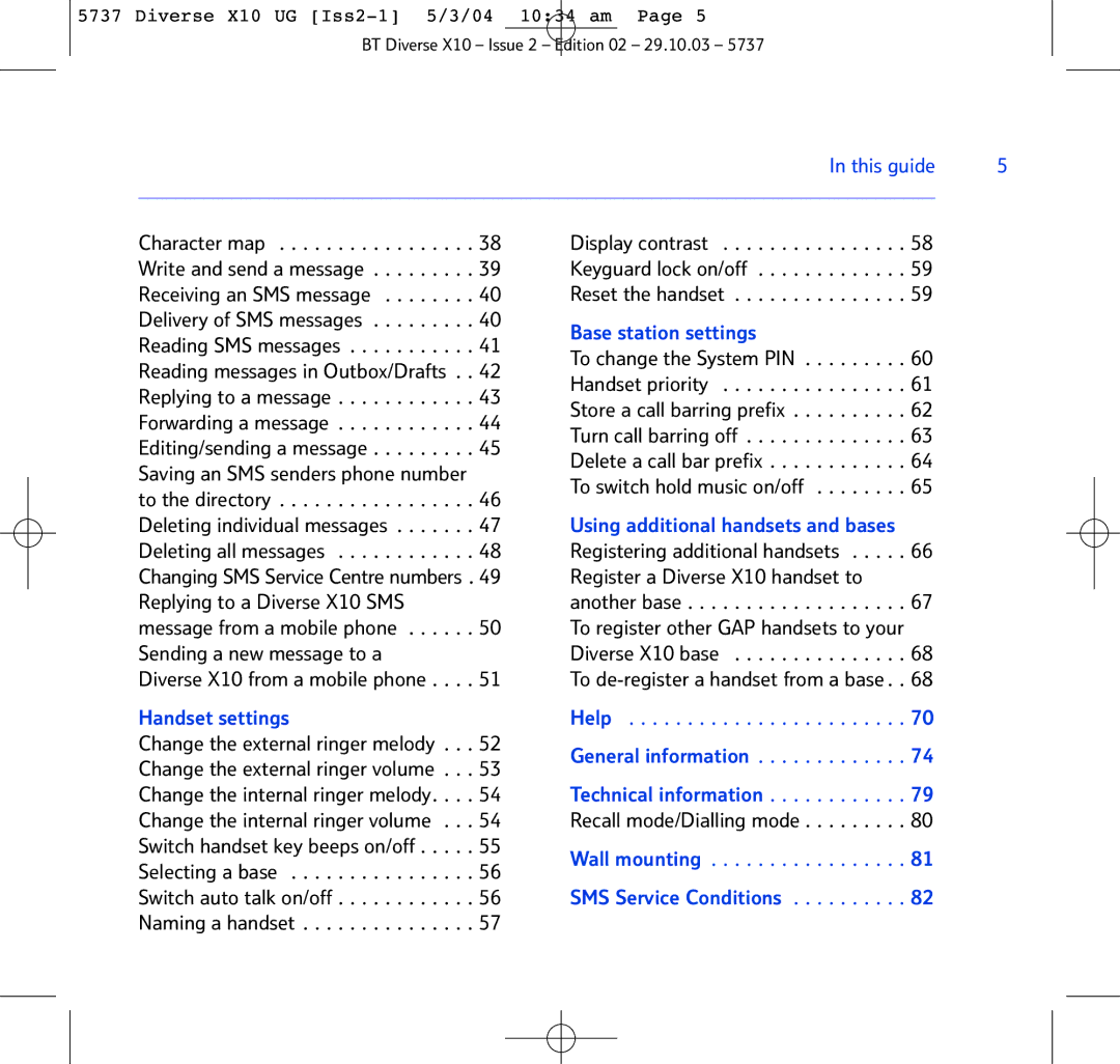 BT X10 This guide, Base station settings, Handset settings Help, General information, Technical information, Wall mounting 