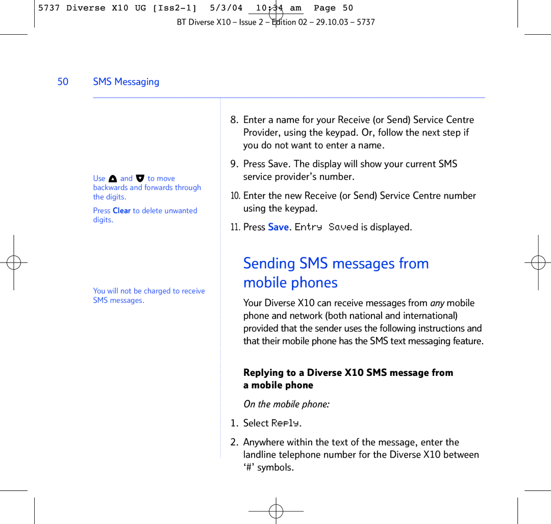 BT manual Sending SMS messages from mobile phones, Replying to a Diverse X10 SMS message from a mobile phone 