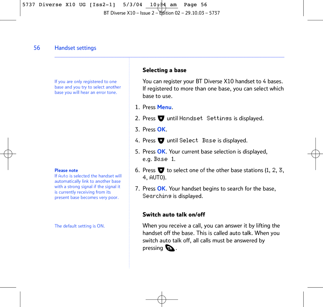 BT X10 manual Handset settings, Pressing 