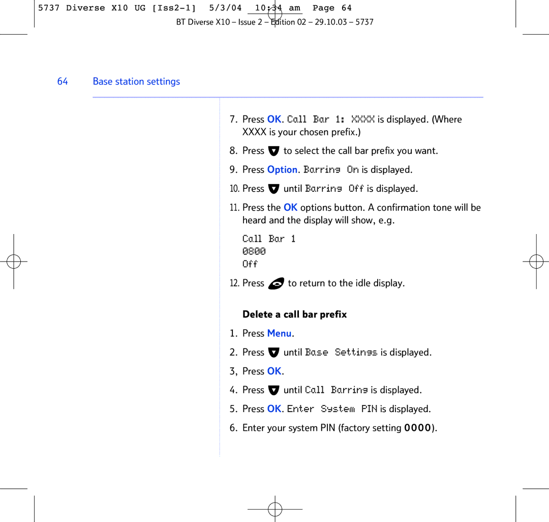 BT X10 manual Call Bar 1 Off 