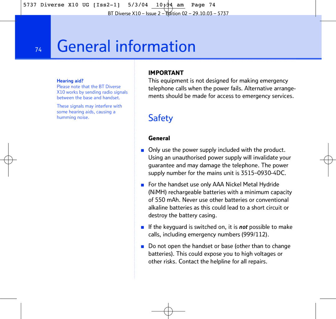 BT X10 manual General information, Safety 