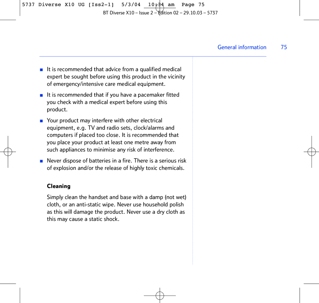 BT X10 manual Cleaning, General information 