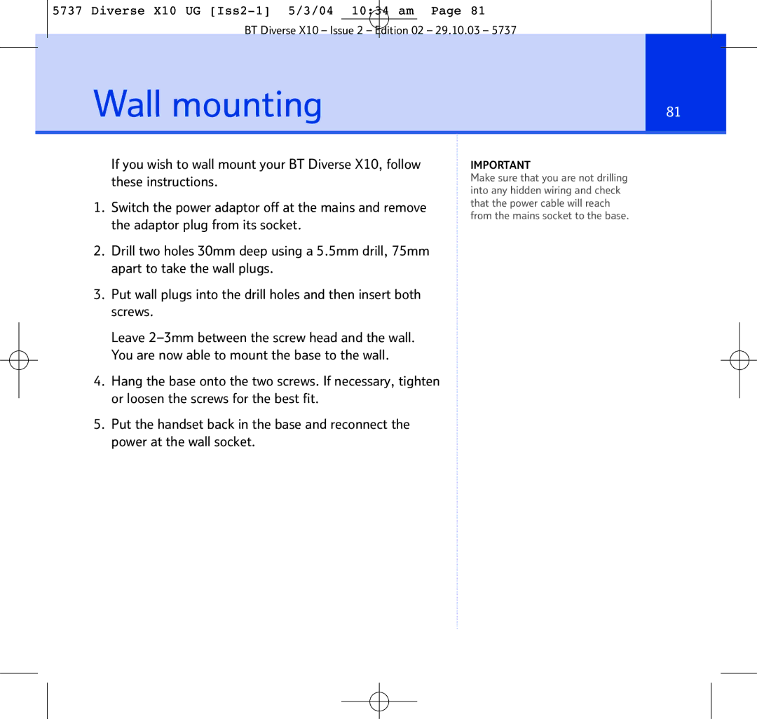 BT X10 manual Wall mounting 