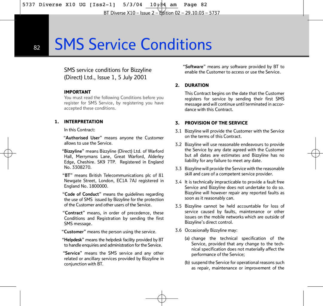 BT X10 manual SMS Service Conditions, SMS service conditions for Bizzyline 