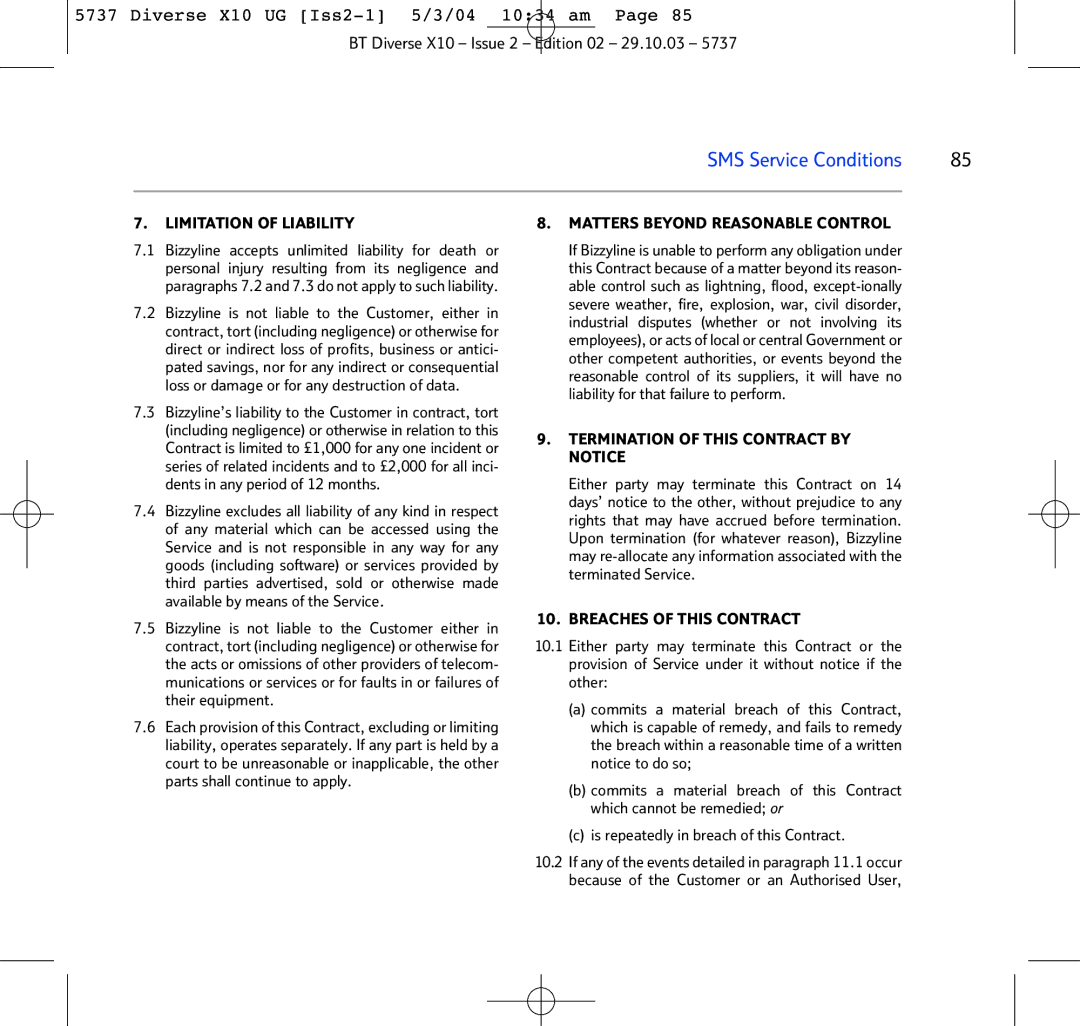 BT X10 manual SMS Service Conditions 