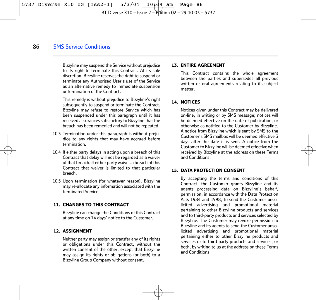 BT X10 manual Changes to this Contract 