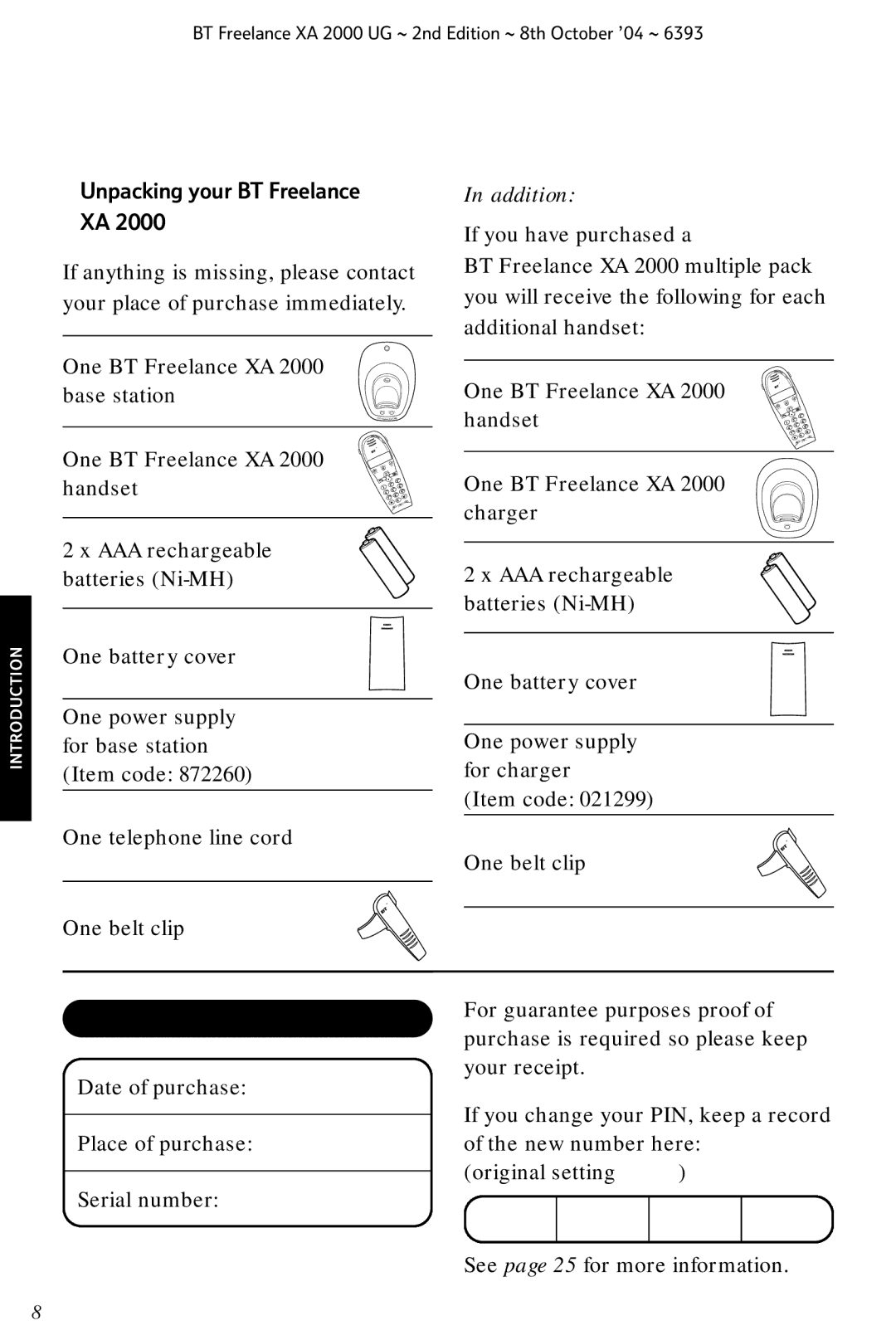 BT XA 2000 manual Unpacking your BT Freelance XA, Addition, For your records 