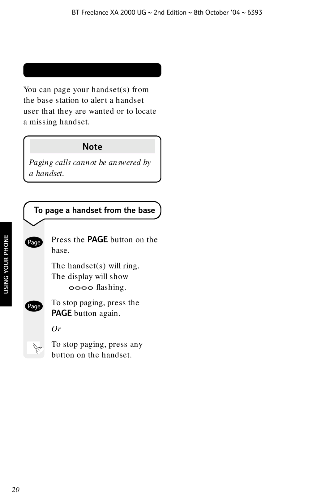 BT XA 2000 manual Paging handsets, Paging calls cannot be answered by a handset, To page a handset from the base 