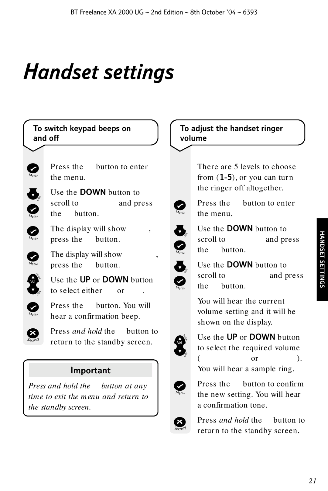 BT XA 2000 manual To switch keypad beeps on and off, To adjust the handset ringer volume 