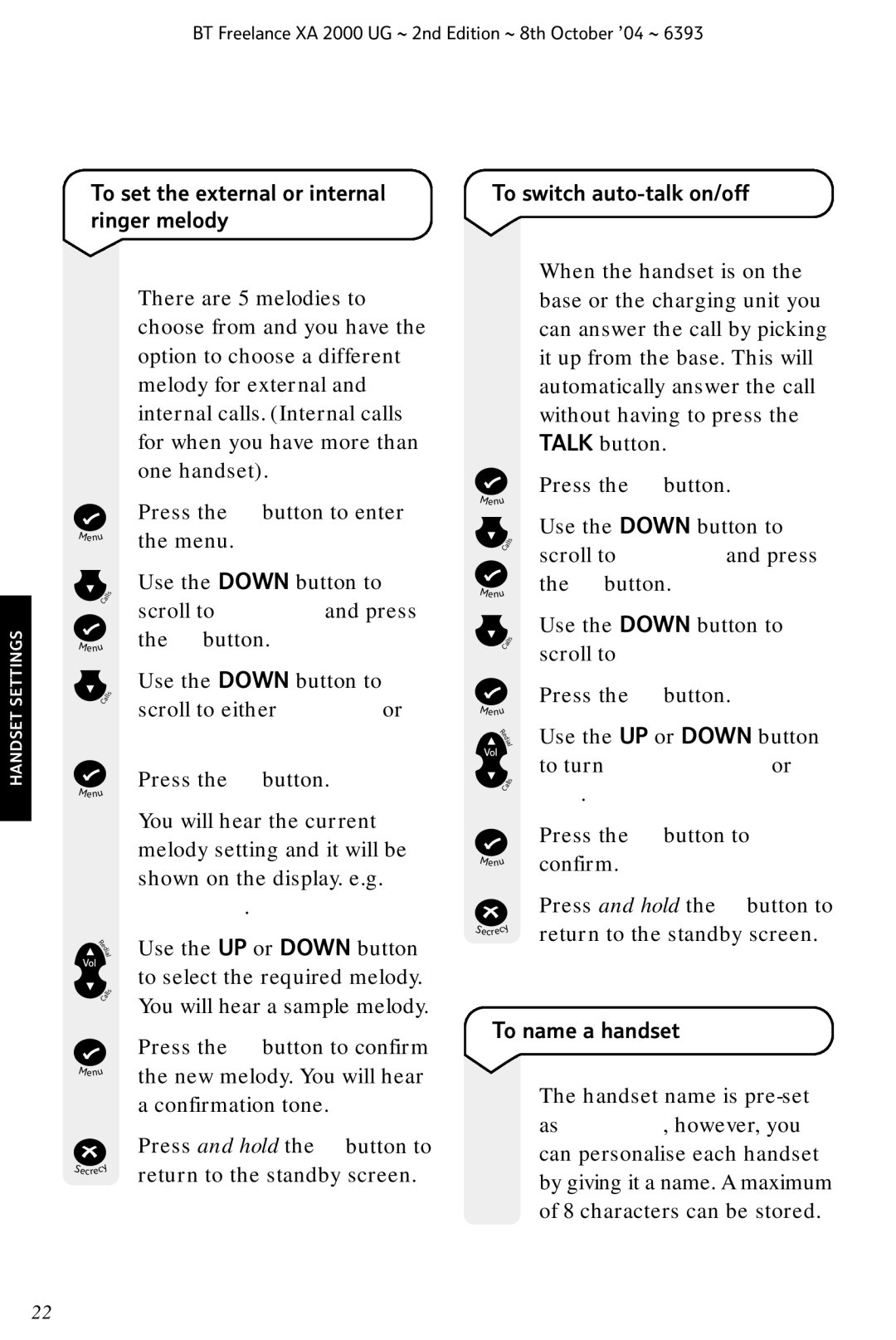 BT XA 2000 manual Ext Mel, To name a handset 