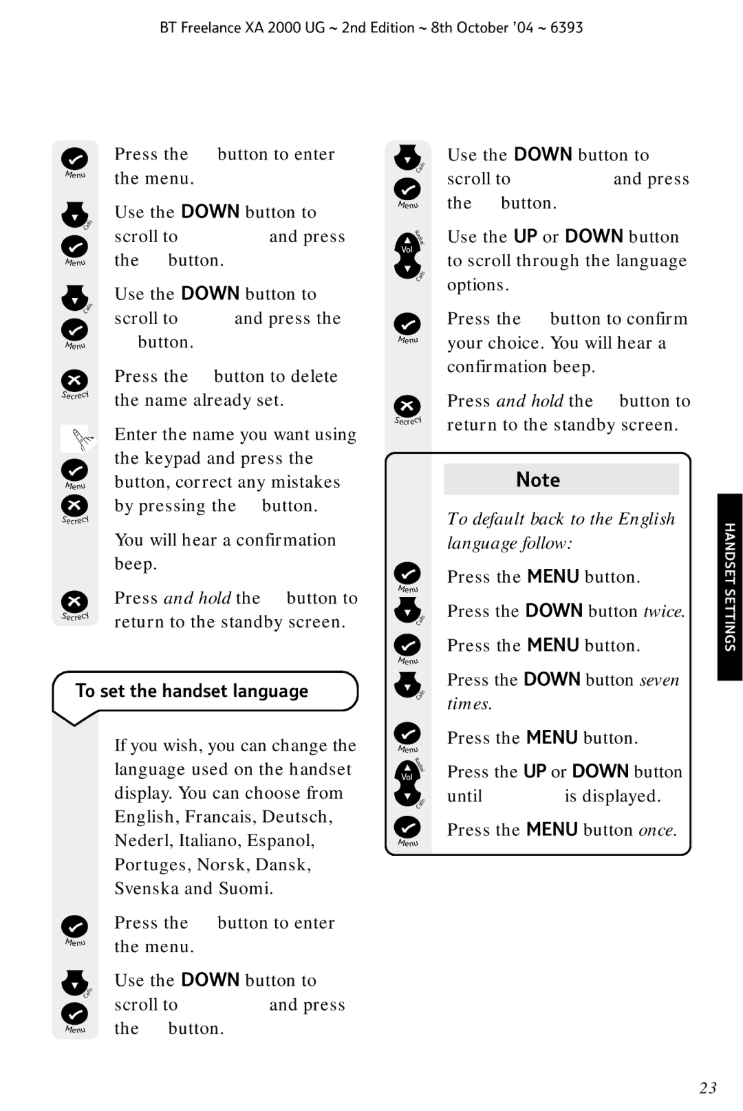 BT XA 2000 manual To set the handset language 