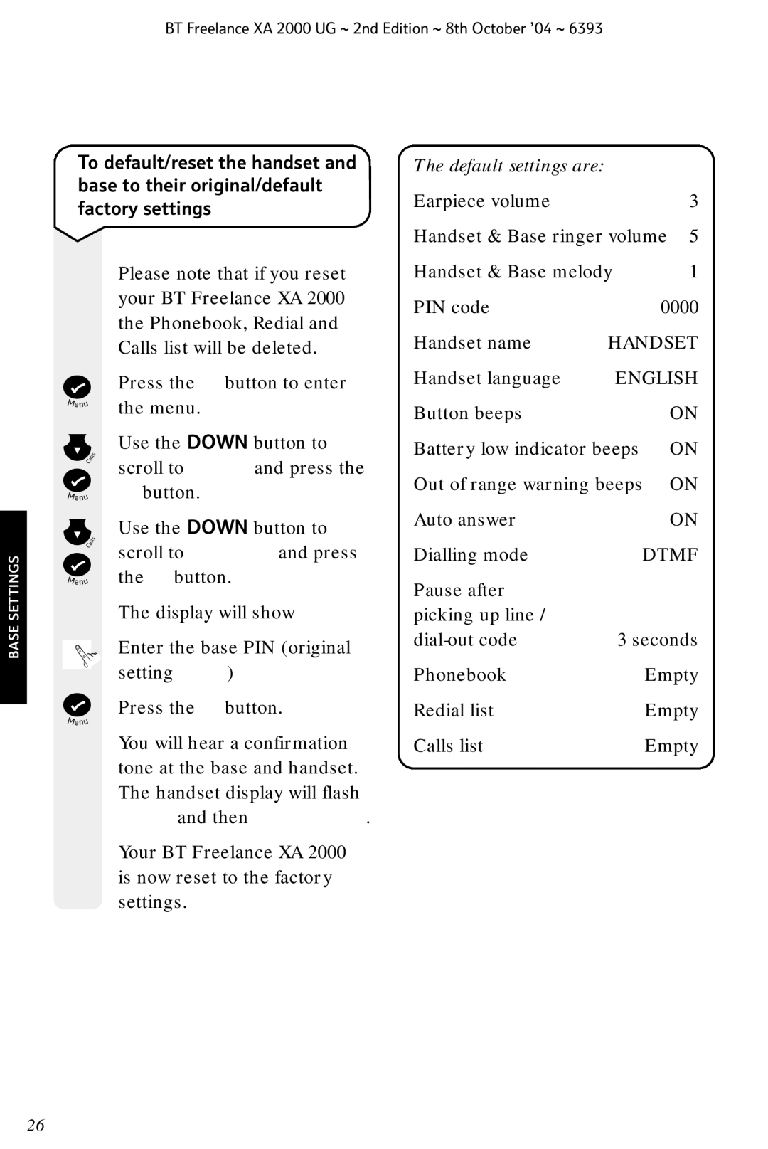 BT XA 2000 manual Handset language, English 