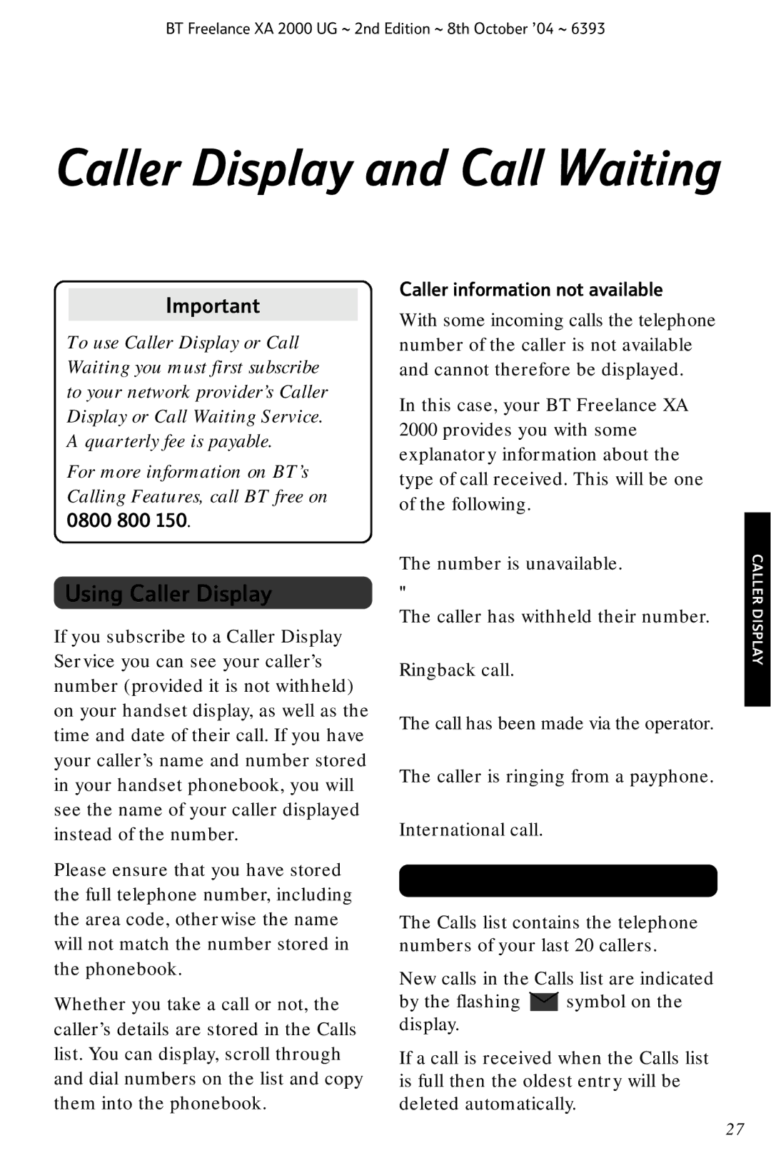 BT XA 2000 manual Using Caller Display, Calls list, 0800 800 Caller information not available 