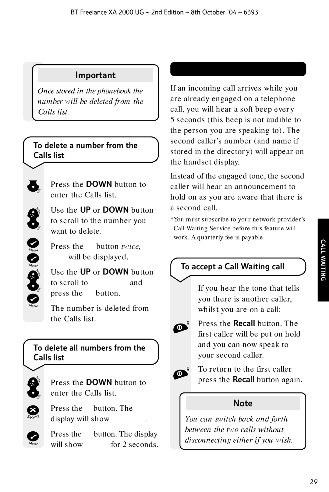 BT XA 2000 manual Call Waiting, To delete a number from the Calls list, To delete all numbers from the Calls list 