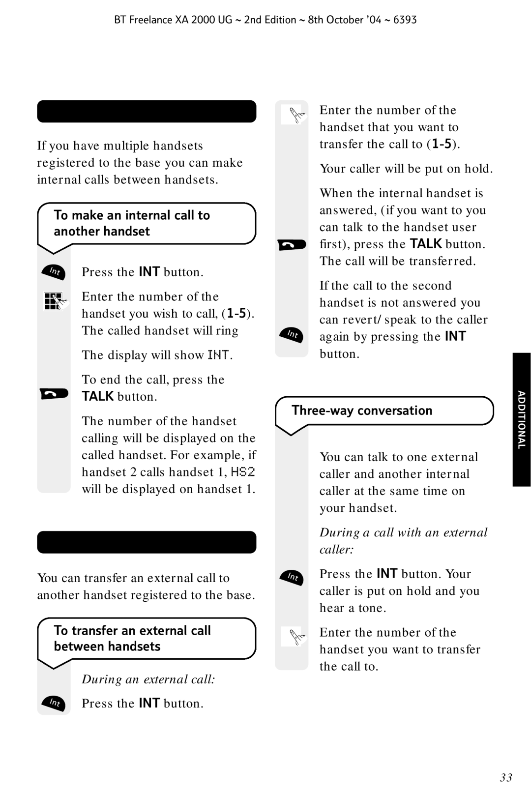 BT XA 2000 manual Internal calls, Transferring calls, To make an internal call to another handset, Three-way conversation 