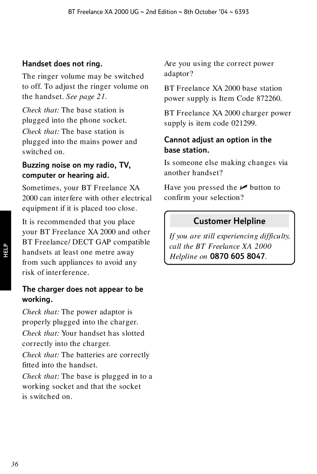 BT XA 2000 manual Handset does not ring, Buzzing noise on my radio, TV, computer or hearing aid 
