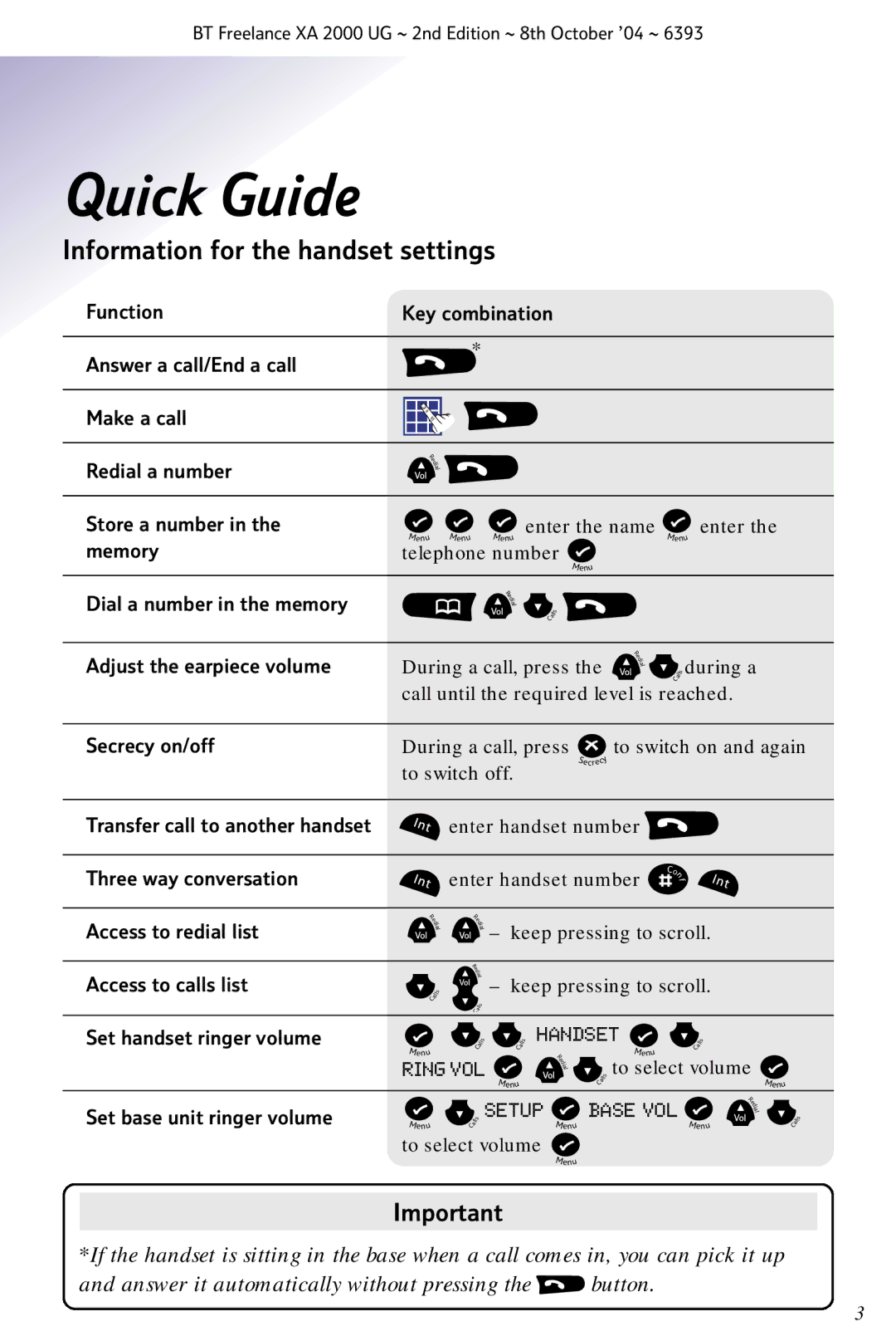 BT XA 2000 manual Quick Guide, Information for the handset settings 