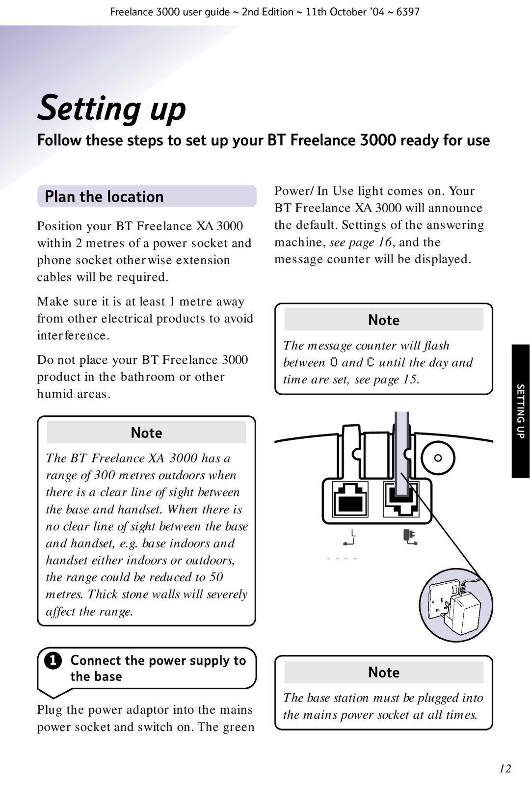 BT XA 3000 manual Setting up, Connect the power supply to the base 