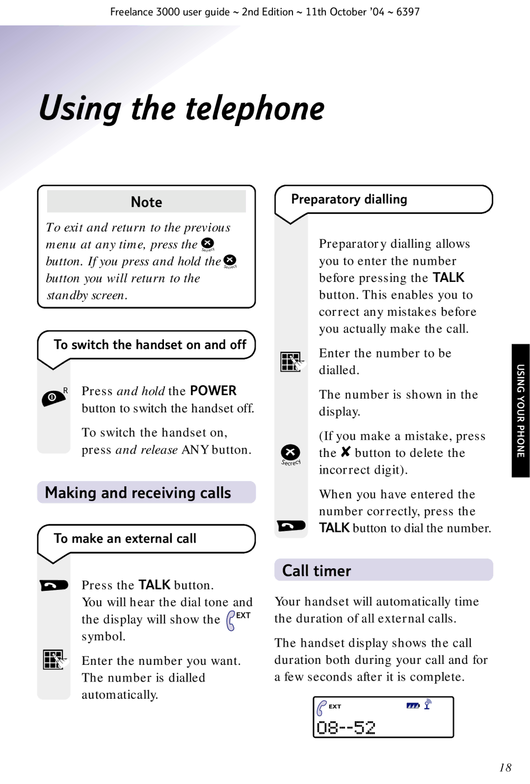 BT XA 3000 manual Using the telephone, Making and receiving calls, Call timer 