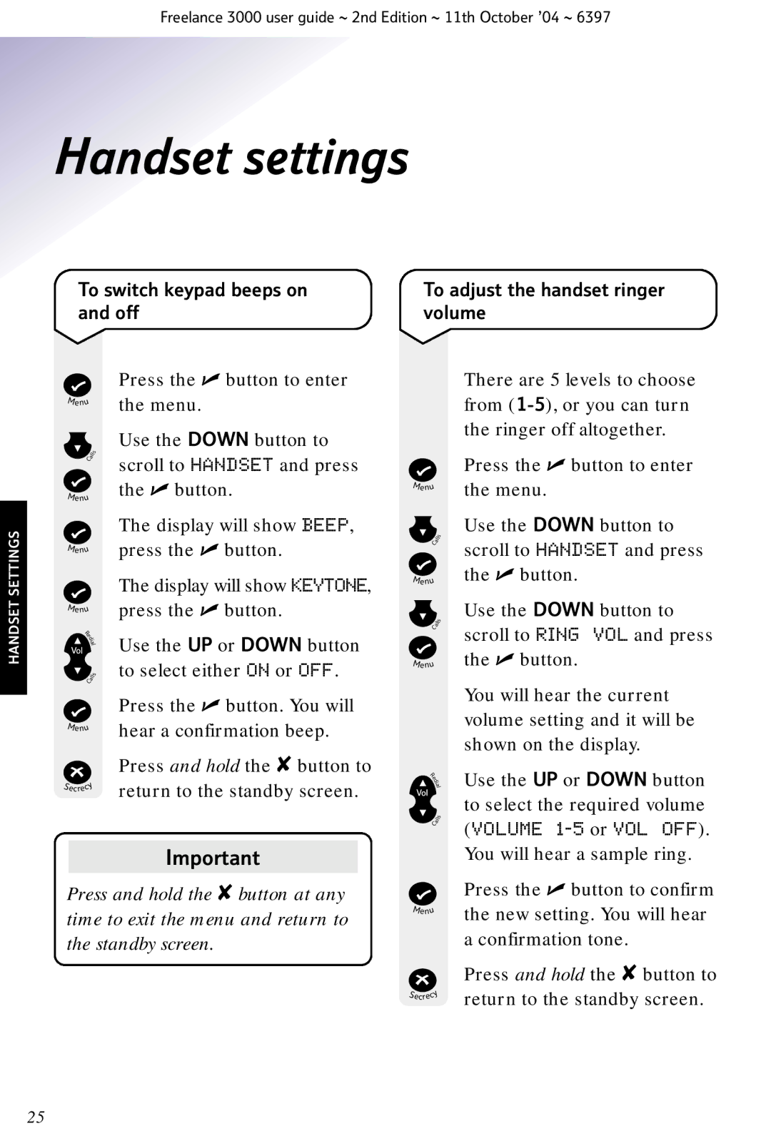 BT XA 3000 manual To switch keypad beeps on and off, To adjust the handset ringer volume 