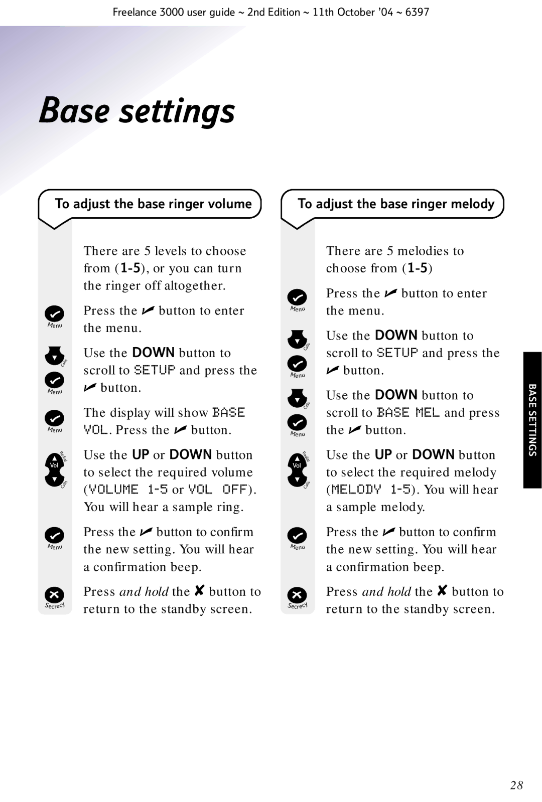 BT XA 3000 manual Base settings, To adjust the base ringer volume, To adjust the base ringer melody 