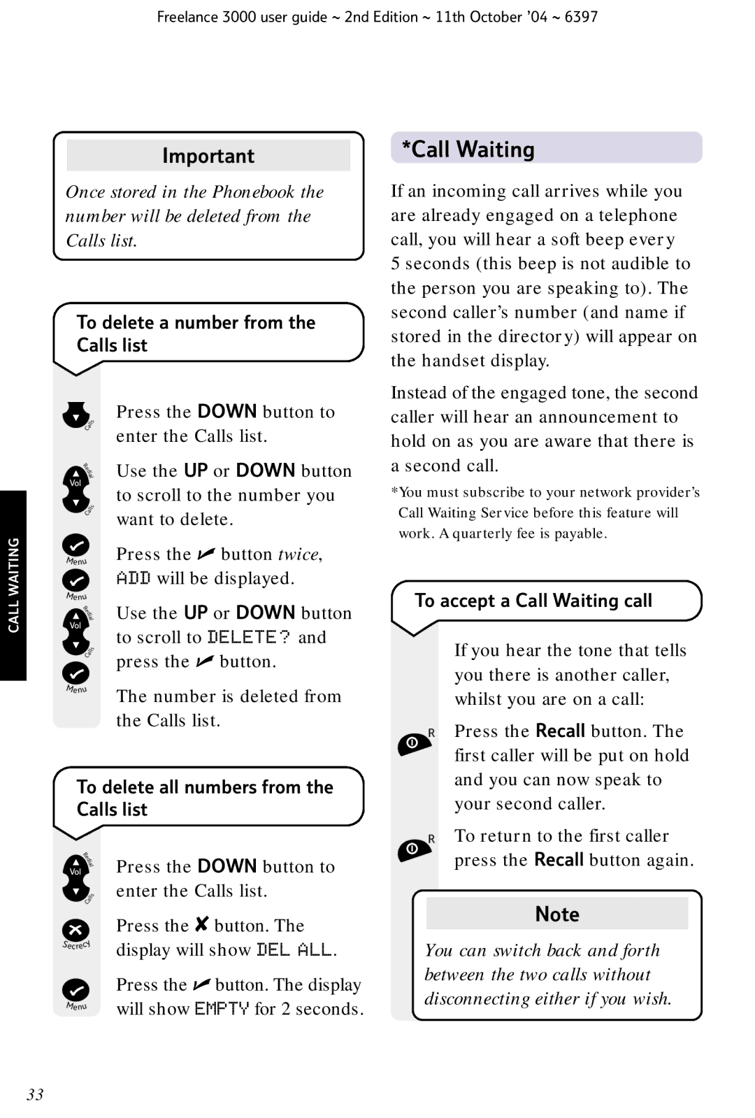 BT XA 3000 manual Call Waiting, To delete a number from the Calls list, To delete all numbers from the Calls list 